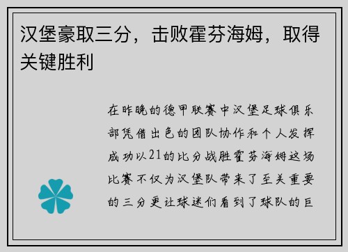 汉堡豪取三分，击败霍芬海姆，取得关键胜利