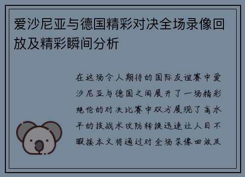 爱沙尼亚与德国精彩对决全场录像回放及精彩瞬间分析